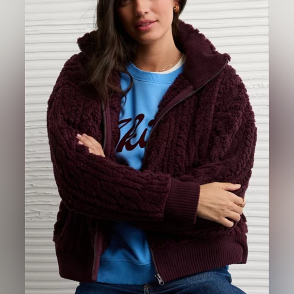 American Eagle Cable Sherpa Full Zip-Up Sweatshirt
